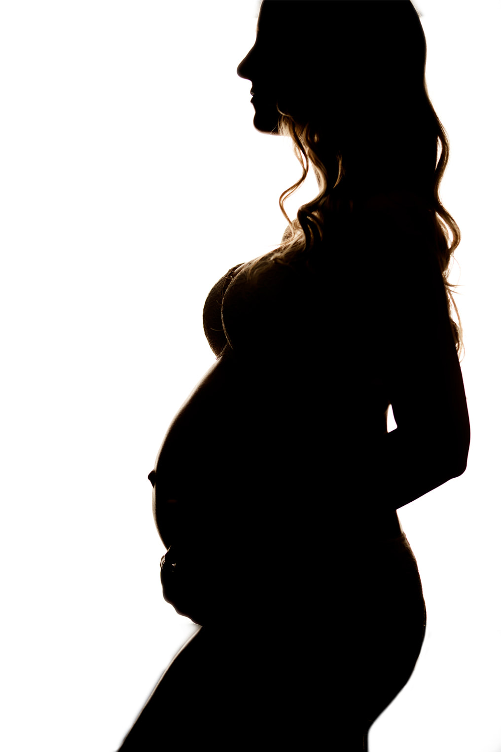 Woman silhouette holding pregnant belly. White background